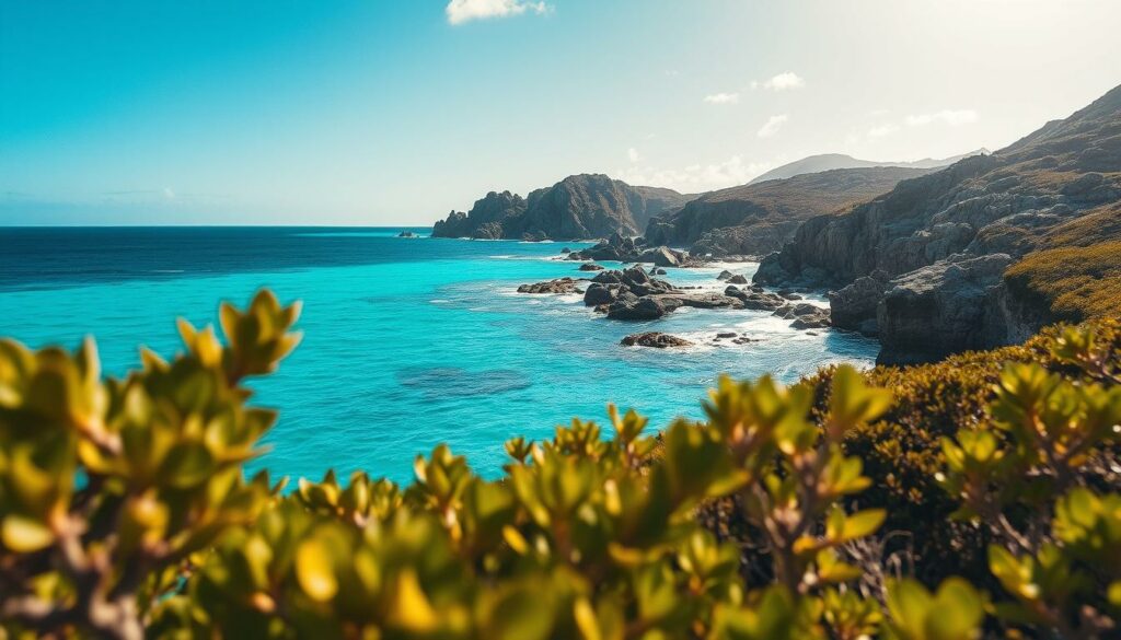 A vibrant seascape capturing the seasonal water temperatures of South Africa's diving hotspots. In the foreground, crystal-clear azure waters shimmer under a bright, sun-dappled sky. Midground, lush coastal vegetation frames the scene, hinting at the diverse marine life below the surface. In the distance, rugged cliffs and rocky outcroppings rise from the sea, their weathered textures contrasting with the smooth, glassy waves. The composition is balanced, with a keen eye for perspective and depth, inviting the viewer to immerse themselves in this tropical diving paradise. Subtle shifts in hue and saturation convey the subtle shifts in seasonal water temperatures, from the coolest blues of winter to the warmest emerald greens of summer.