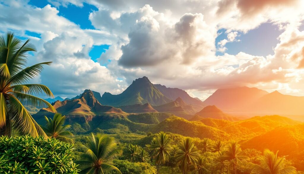 A vibrant, seasonally-changing landscape on the island of La Réunion, showcasing the diverse weather patterns throughout the year. In the foreground, lush tropical foliage and palm trees sway gently in a gentle breeze. The middle ground reveals rolling hills and rugged, volcanic peaks, their slopes adorned with cascading waterfalls. The background showcases a dramatic, color-shifting sky - from azure blue and fluffy cumulus clouds in the summer months, to moody, storm-swept grays and purples during the rainy season. Warm, golden sunlight filters through the scene, casting a warm, inviting glow. The overall composition conveys the dynamic, ever-evolving nature of La Réunion's weather, perfectly capturing the essence of the best travel times across the seasons.