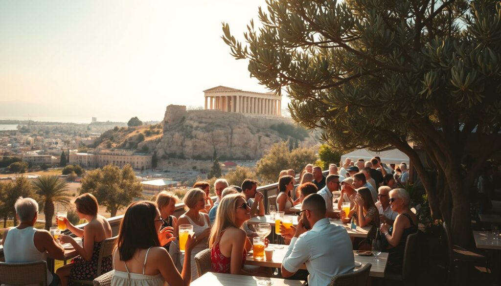 A vibrant summer scene in Athens, Greece. In the foreground, a bustling outdoor cafe with locals and tourists enjoying refreshing drinks and lively conversation under the shade of lush olive trees. In the middle ground, the iconic Acropolis and Parthenon stand tall, bathed in warm, golden sunlight. In the background, a panoramic view of the city's rooftops and hills, with the shimmering Aegean Sea visible in the distance. The atmosphere is one of relaxation and celebration, with a gentle breeze carrying the aroma of Greek cuisine. The lighting is soft and diffused, creating a sense of timeless elegance. Shot with a wide-angle lens to capture the grandeur of the setting.