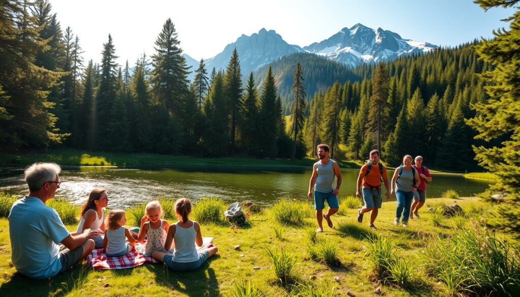 A vibrant, sun-drenched scene of Poland's most enchanting vacation destinations. In the foreground, a family enjoying a picnic by a glistening lake, surrounded by lush greenery and towering pine trees. In the middle ground, a group of friends hiking through a dense, mossy forest, their faces alight with adventure. In the background, the majestic Tatra Mountains stand tall, their snow-capped peaks bathed in a warm, golden glow. The overall mood is one of relaxation, exploration, and the pure joy of discovery. Captured with a wide-angle lens, the image conveys the vast, untamed beauty of Poland's natural wonders, beckoning travelers to embark on their own enchanting journeys.