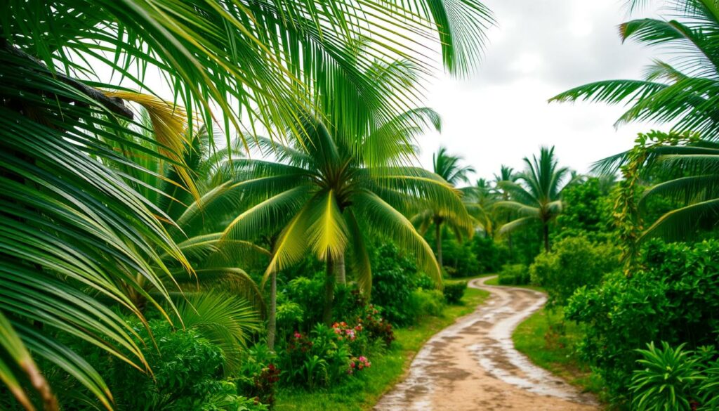 A vibrant tropical landscape during the rainy season in Varadero, Cuba. In the foreground, lush green foliage and palm trees sway gently in a warm, humid breeze. Droplets of rain glisten on the broad leaves, creating a shimmering, almost iridescent effect. In the middle ground, a winding dirt path leads through the verdant scenery, flanked by colorful flowering plants and shrubs. The background features a cloudy, overcast sky, with soft, diffused lighting casting a moody, atmospheric ambiance. The overall scene evokes the feeling of a verdant, rain-soaked paradise, perfectly capturing the essence of the rainy season in this Caribbean paradise.