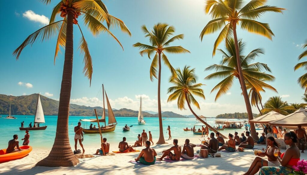 A vibrant tropical paradise, Sansibar radiates with sun-drenched activities. In the foreground, locals engage in lively water sports - sailing traditional dhows, kayaking through turquoise lagoons, and snorkeling among colorful coral reefs. Beachgoers lounge on powdery white sands, sipping refreshing coconut drinks under the warm, golden glow of the midday sun. In the middle ground, bustling markets showcase an array of handcrafted wares, spices, and fragrant flowers. Towering palm trees sway gently in the soft ocean breeze, framing the scene. In the background, rolling hills and lush, verdant vegetation create a serene, enchanting atmosphere, inviting visitors to immerse themselves in the vibrant Swahili culture and natural beauty of this island paradise.