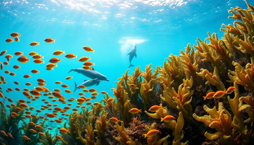 A vibrant underwater scene in the waters off the coast of South Africa, showcasing the diverse and captivating marine life found in the region. In the foreground, schools of vividly colored tropical fish dart among the gently swaying kelp forests, their vibrant hues and graceful movements captured by a wide-angle lens. The middle ground features a curious dolphin or seal, its sleek body gliding effortlessly through the turquoise waves, while in the distance, the silhouettes of larger pelagic creatures, such as sharks or whales, can be seen breaching the surface. The lighting is soft and natural, filtering down from the shimmering sunlight above, creating a serene and ethereal atmosphere that showcases the beauty and wonder of South Africa's underwater realm.
