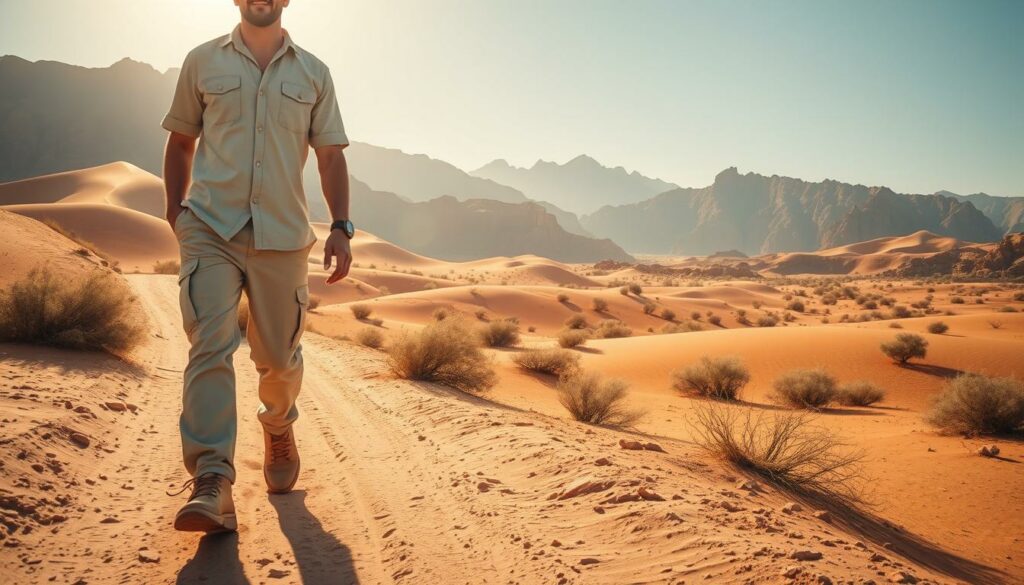 A warm, sun-drenched scene of Oman's diverse landscapes and climate-appropriate attire. In the foreground, a traveler strolls along a dusty desert path, dressed in lightweight, breathable clothing - a linen shirt, cargo pants, and sturdy, sand-colored boots. The middle ground reveals rolling ochre dunes dotted with hardy desert shrubs, while the background showcases the striking silhouettes of rugged, jagged mountains. The scene is bathed in a golden, ambient light, conveying the tranquil, relaxed atmosphere of exploring Oman's natural wonders during the ideal travel season.