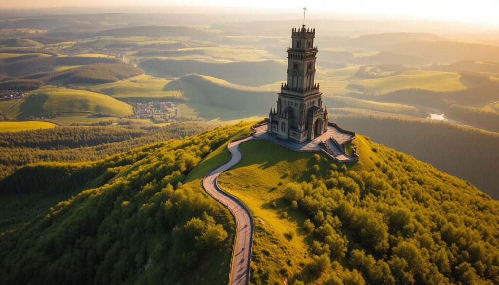 An aerial view of the magnificent Kyffhäuser-Denkmal monument, a towering stone structure perched atop a rugged hilltop in the rolling green landscapes of Thüringen, Germany. The monument's grand neo-Romanesque design, with its intricate carvings and imposing central tower, stands as a testament to the region's rich history and cultural heritage. Warm, golden sunlight bathes the scene, casting dramatic shadows and highlighting the intricate details of the monument's architecture. In the foreground, a winding path leads visitors up to the monument, inviting exploration and discovery. The middle ground is filled with lush, verdant forests, while the background showcases the undulating hills and valleys that characterize the picturesque Thüringen countryside.