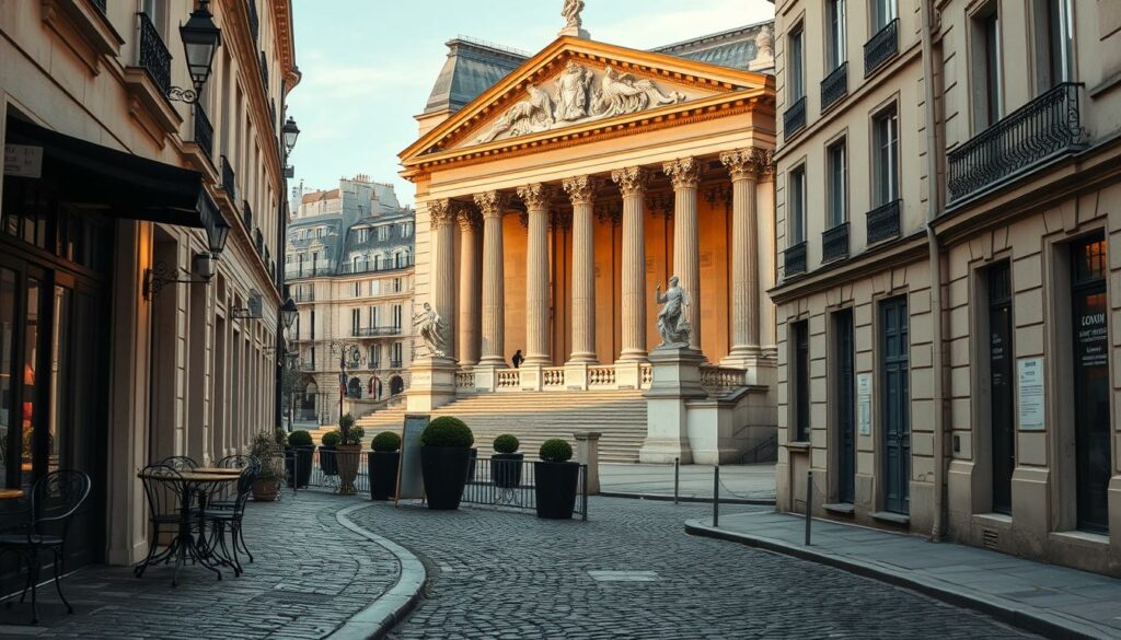 An elegant Parisian street scene, featuring the iconic architecture and hidden gems of the city's vibrant museum district. In the foreground, a cobblestone lane winds past a quaint café, its terrace dotted with wrought-iron tables and potted plants. In the middle ground, the grand façade of a renowned art museum rises, its ornate columns and statues bathed in warm, golden light. Behind it, a cluster of smaller, historic buildings peek out, their charming details and muted colors lending a sense of timeless Parisian ambiance. The overall mood is one of refined sophistication and artistic inspiration, inviting the viewer to explore the captivating world of Paris' extraordinary museums, beyond the typical tourist path.