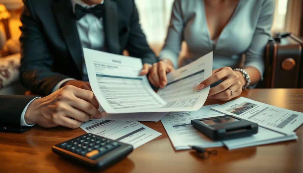 An elegant couple examining their wedding budget, surrounded by a tasteful arrangement of financial documents, calculators, and warm lighting. A cozy, focused atmosphere reflects their careful planning for the perfect honeymoon getaway. The foreground shows their hands carefully reviewing expenses, while the background hints at travel brochures and suitcases, conveying the excitement and anticipation of their upcoming journey. Subtle, muted colors and a shallow depth of field create a refined, intimate scene.