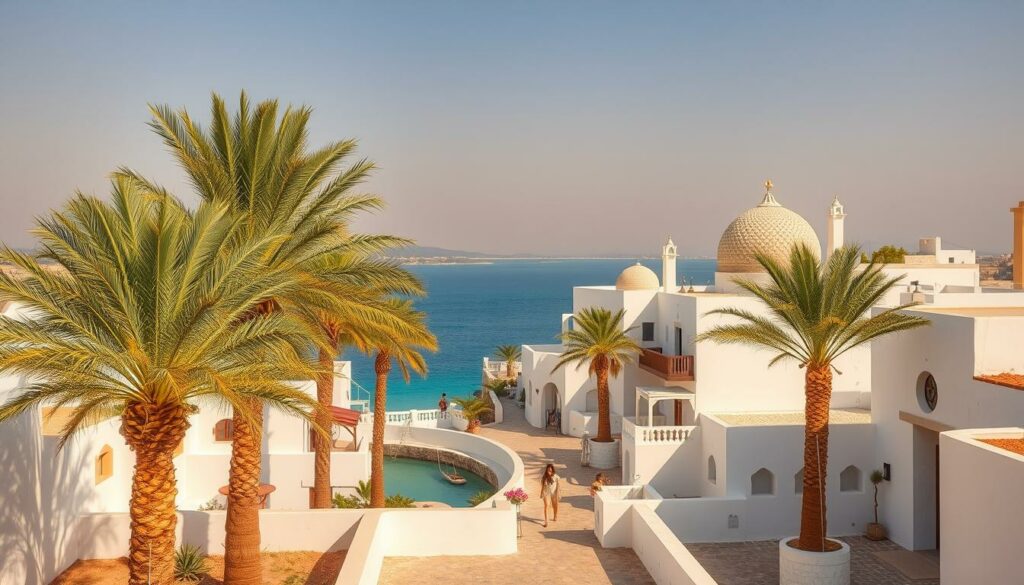 An idyllic Mediterranean island paradise, Insel Djerba, with its sun-drenched shores, sandy beaches, and traditional whitewashed villages nestled amidst lush palm groves. Capture the vibrant colors and serene ambiance, with warm, golden sunlight gently illuminating the scene. Render the island's iconic architecture, featuring domed roofs and intricate geometric patterns, complemented by the deep blue of the surrounding waters. Depict the island's tranquil atmosphere, with locals and tourists alike strolling leisurely through the quaint, narrow streets or relaxing in the shaded courtyards. Showcase the region's mild, temperate climate, perfect for year-round visits, with a clear, hazy sky and a gentle breeze rustling the palm fronds. Compose the image to showcase Insel Djerba's allure as a popular vacation destination within Tunisia, inviting the viewer to experience its captivating blend of natural beauty and cultural charm.