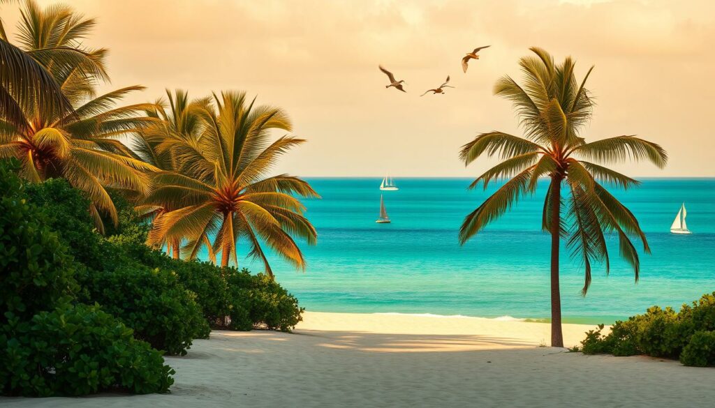 An idyllic, sun-drenched landscape in Belize, capturing the essence of the country's best travel season. A pristine Caribbean beach stretches out before us, its golden sand framed by swaying palm trees and lush, verdant foliage. In the distance, a tranquil turquoise sea meets the horizon, dotted with the silhouettes of sailboats and the occasional seabird taking flight. The warm, diffused lighting casts a soft, ambient glow, creating a serene and inviting atmosphere. The scene evokes a sense of relaxation and adventure, perfectly capturing the allure of Belize during its prime travel months.