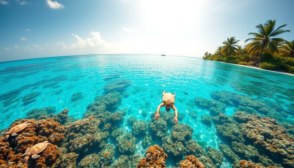 An idyllic tropical paradise in the Maldives, azure waters sparkling under the golden sun. A snorkeler gracefully glides through the vibrant coral reef, surrounded by a kaleidoscope of marine life - schools of vibrant fish, playful rays, and gentle sea turtles. The crystal clear lagoon reflects the cloudless sky, creating a serene and tranquil atmosphere. Lush palm trees sway gently in the warm island breeze, setting the stage for a truly exotic and enchanting experience. Shoot with a wide-angle lens to capture the expansive, picturesque scene, utilizing natural lighting to accentuate the vivid colors and textures. Convey a sense of wonder, relaxation, and the pure bliss of discovering this remote, far-eastern destination.