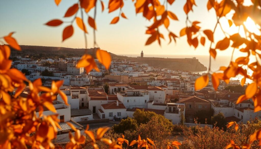Autumn in Essaouira: a picturesque coastal town in Morocco, bathed in golden light. In the foreground, vibrant orange and yellow leaves dance on the gentle breeze, creating a serene and tranquil atmosphere. The middle ground features a traditional Moroccan medina, its charming alleys and whitewashed buildings nestled against the backdrop of the rugged Atlantic coastline. In the distance, the iconic ramparts and fortifications of the old town stand tall, casting long shadows as the sun dips below the horizon. The lighting is soft and warm, evoking a sense of nostalgia and timelessness. The overall scene captures the essence of Essaouira during the enchanting autumn season, a perfect time to explore this magical Moroccan gem.