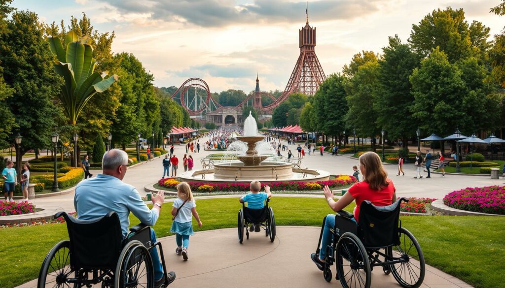 Barrierefreiheit im Europa-Park: A sprawling, accessible theme park landscape with gentle slopes, wide paths, and thoughtfully-designed attractions. In the foreground, a family in wheelchairs explores a lush, flower-lined promenade, their faces alight with wonder. The middle ground reveals a bustling central plaza, its centerpiece a grand, accessible fountain. In the background, iconic park landmarks like the Colossus roller coaster and the towering Wodan wooden coaster rise amidst verdant foliage, bathed in warm, golden-hour sunlight. The atmosphere is one of inclusivity, adventure, and joy - a testament to the park's commitment to accessibility and creating an unforgettable experience for all.
