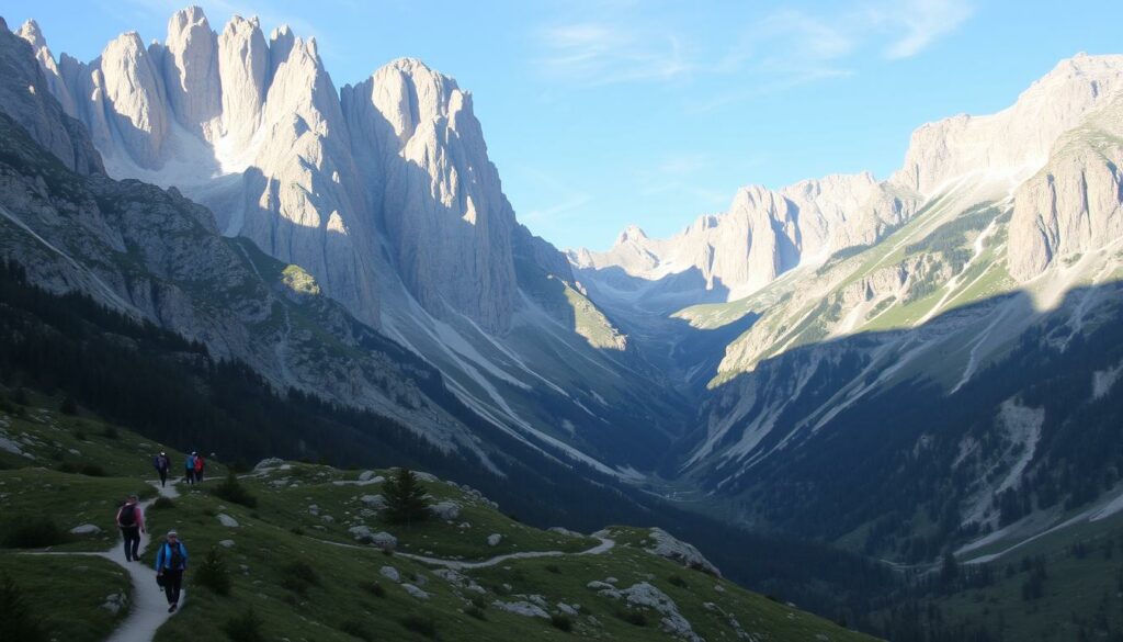 Ein Bild der majestätischen Picos de Europa mit Wanderern auf einem der beliebten Wege.