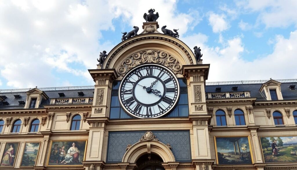 Ein Bild des Musée d'Orsay in Paris, das die monumentale Bahnhofsuhr und die impressionistische Kunst zeigt