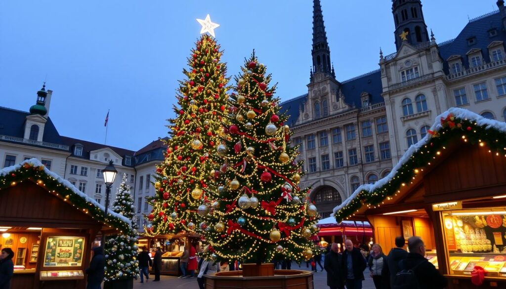Ein Bild vom Christkindlmarkt am Marienplatz mit dem berühmten Christbaum