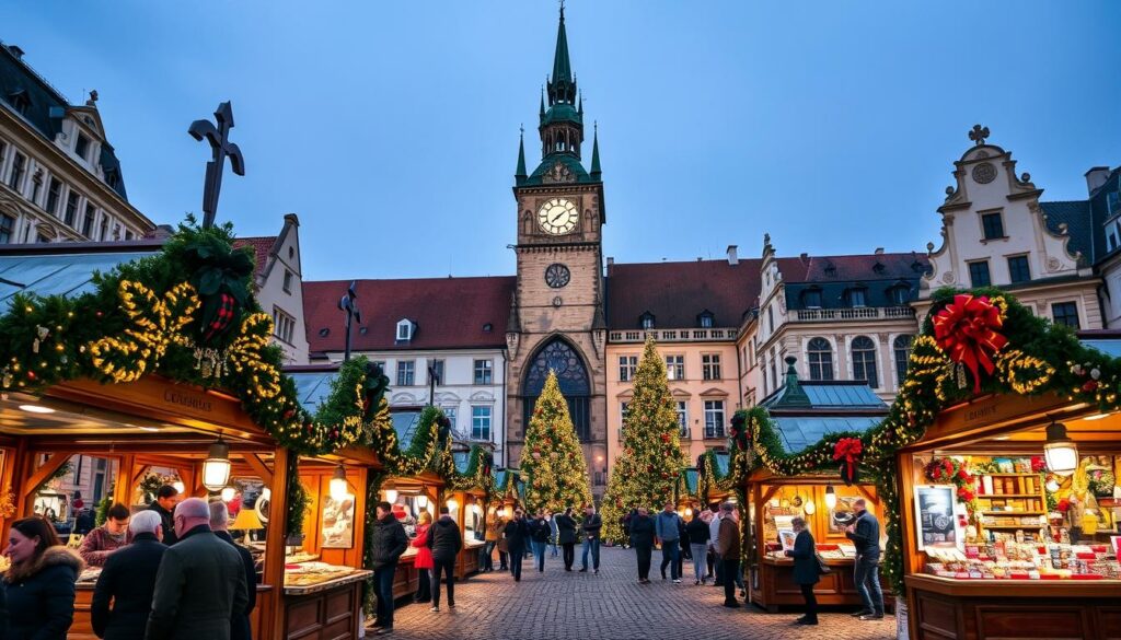Ein Bild vom Weihnachtsmarkt am Altstädter Ring in Prag, mit festlich geschmückten Ständen und der astronomischen Uhr im Hintergrund.