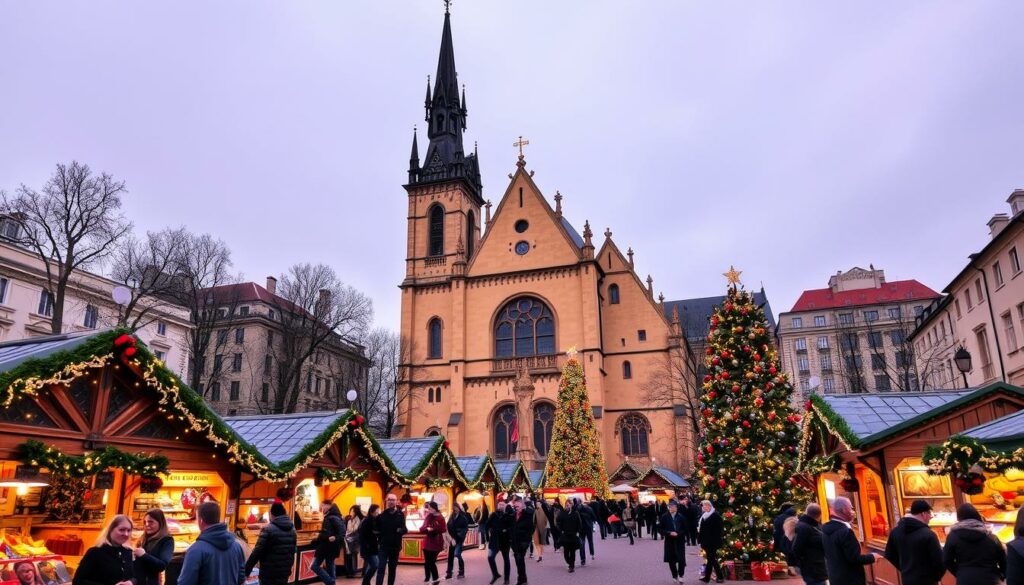 Ein Bild vom Weihnachtsmarkt auf dem Friedensplatz (náměstí Míru) in Prag, mit der neugotischen St.-Ludmila-Kirche im Hintergrund.