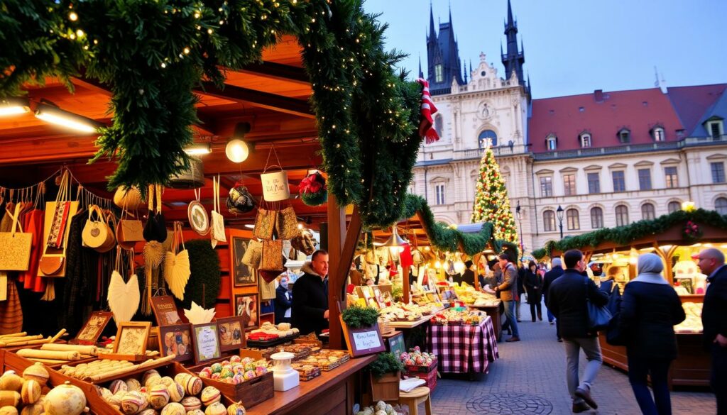 Ein Bild vom Weihnachtsmarkt auf dem Wenzelsplatz in Prag, mit traditionellen Handwerksprodukten.