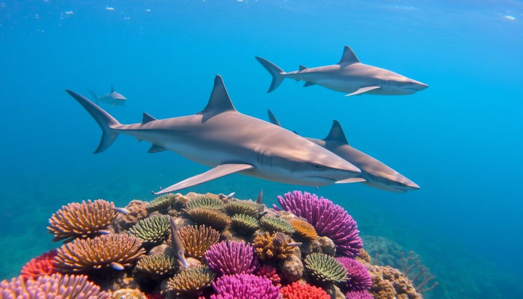 Ein Bild von Aliwal Shoal mit Haien und farbenfrohen Korallen.