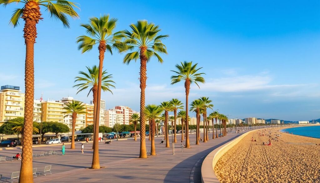 Ein Bild von Barcelonas Strandpromenade mit Palmen und Menschen, die sich am Strand entspannen.