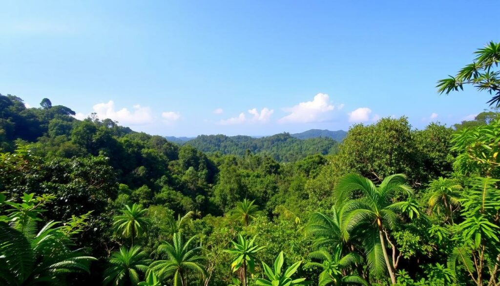 Ein Bild von Costa Ricas Regenwald im März, mit üppiger Vegetation und einem klaren Himmel.