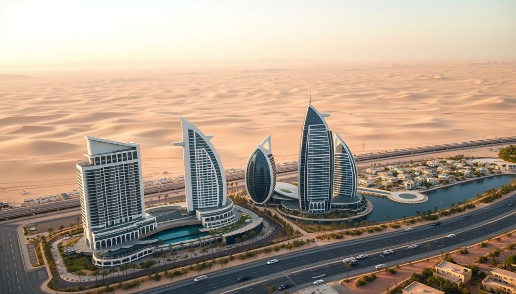 Ein Bild von Dubai mit Luxushotels und Wüstenlandschaft