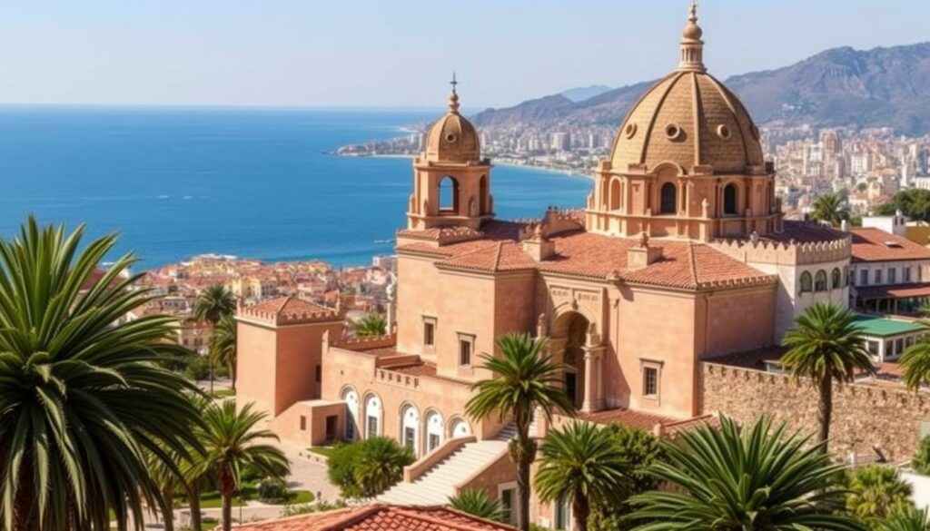 Ein Bild von Málaga mit der Alcazaba im Vordergrund und dem Mittelmeer im Hintergrund.