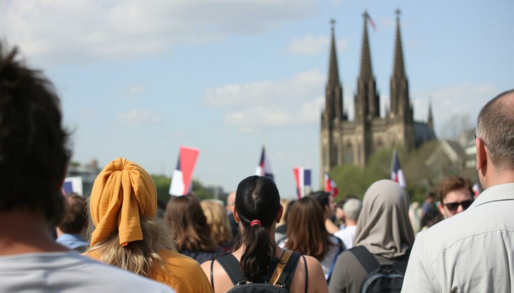Ein Bild von Menschen verschiedener Kulturen, die sich in Köln treffen.