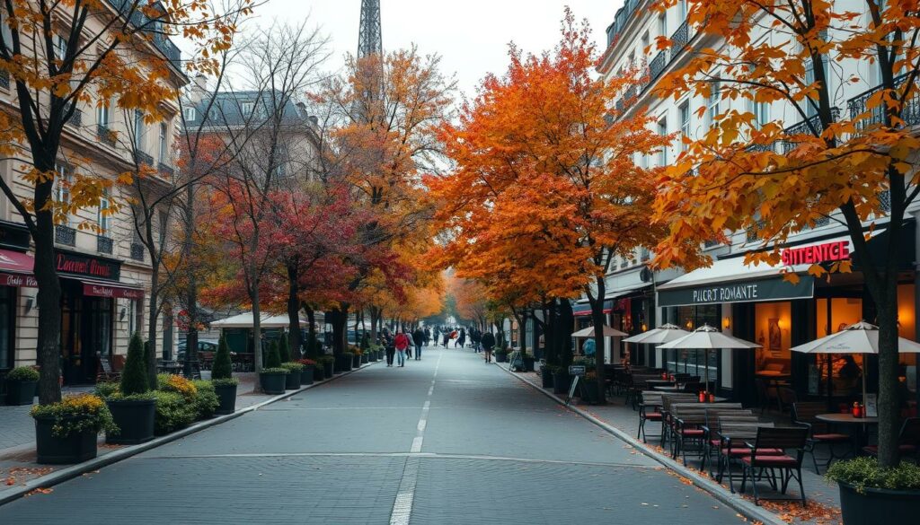 Ein Bild von Paris im November, mit herbstlich gefärbten Bäumen und romantischen Cafés.