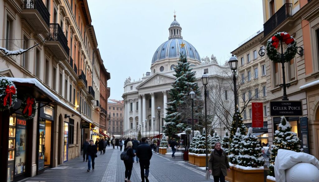 Ein Bild von Rom im Winter mit festlich geschmückten Straßen und wenigen Touristen