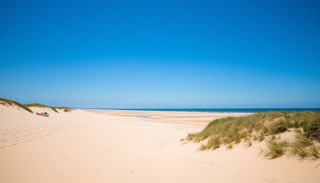 Ein Bild von Rømø Strand mit weitem Sandstrand und blauem Himmel