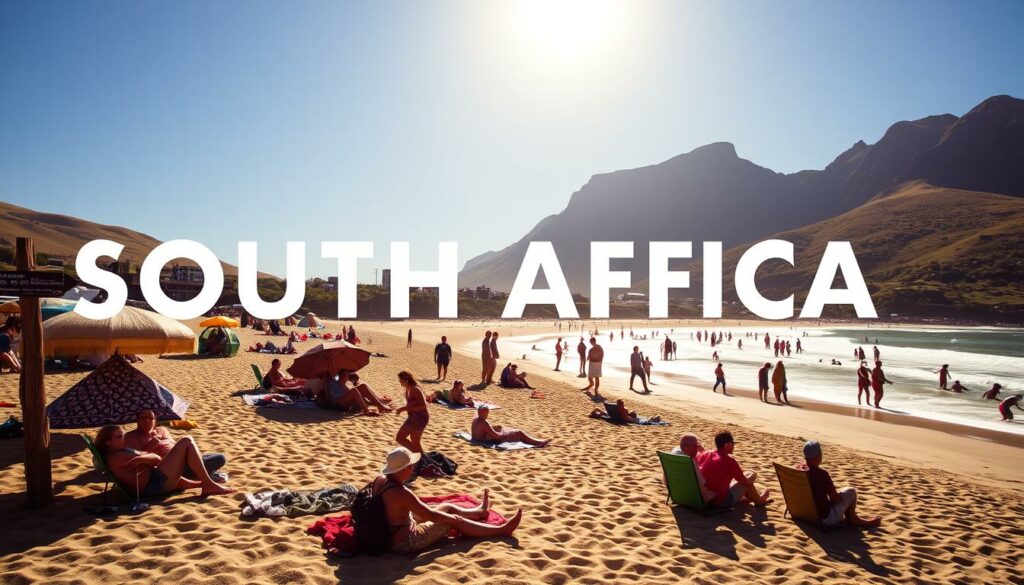 Ein Bild von Südafrika im Dezember, mit sommerlicher Landschaft und Menschen, die am Strand entspannen.