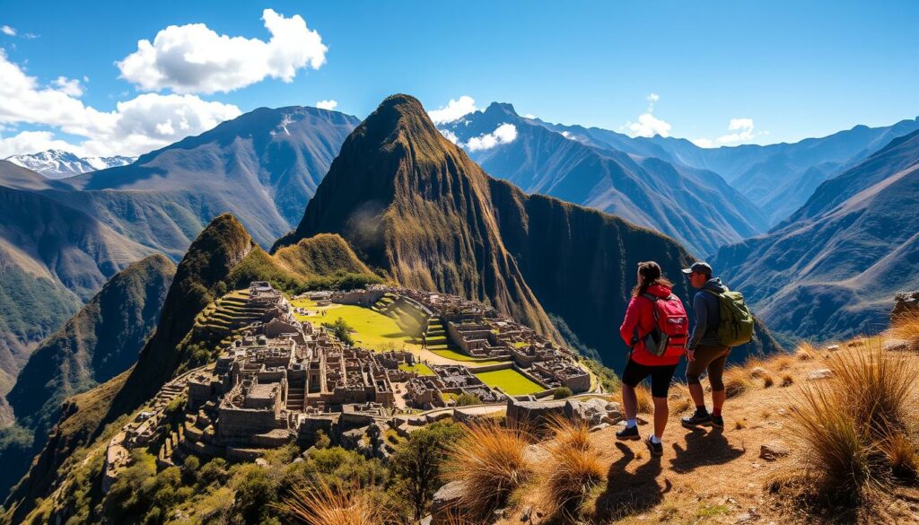 Ein Bild von Wanderern auf dem Inca Trail mit Blick auf die Anden