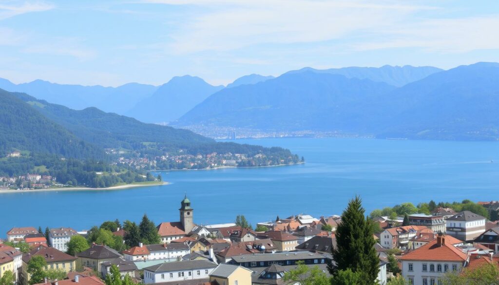 Ein Bild von Zürich mit dem Zürichsee und den umliegenden Bergen.