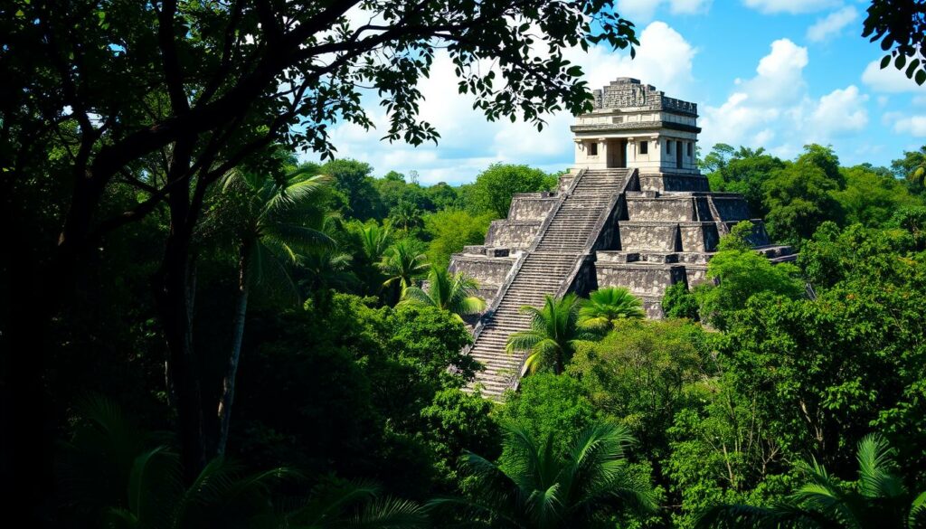 Ein Bild von den beeindruckenden Maya-Ruinen in Belize, umgeben von dichtem Dschungel.