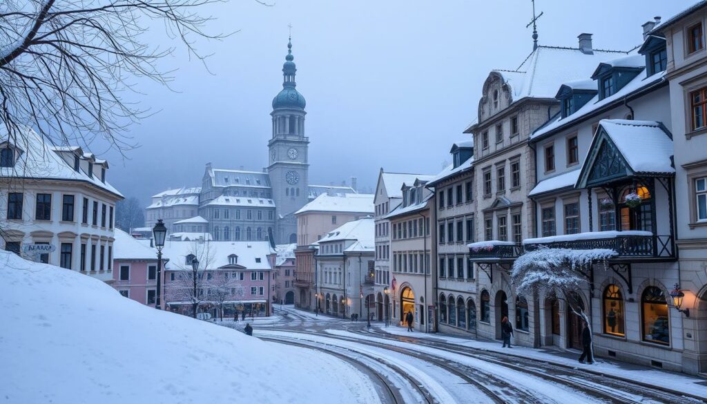 Ein Bild von der Altstadt Salzburgs im November mit Schnee
