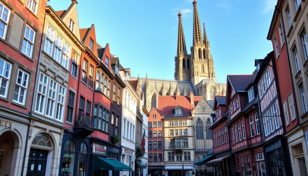 Ein Bild von der Altstadt in Köln mit dem Kölner Dom im Hintergrund.
