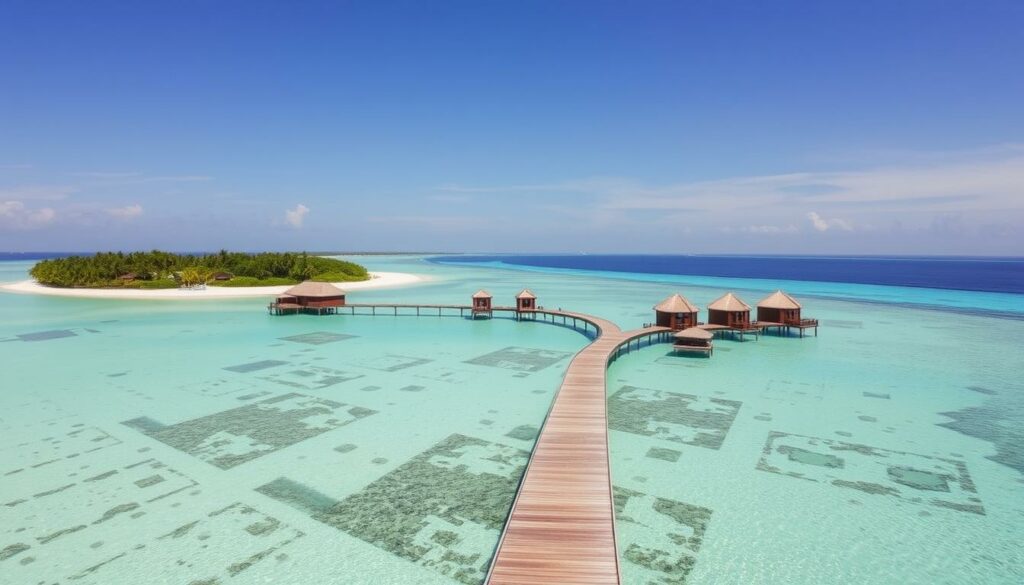 Ein Bild von einem Luxus-Resort auf den Malediven mit Privatstrand und Überwasserbungalows