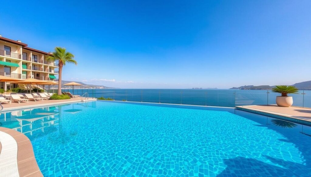 Ein Bild von einem Luxusresort in Antalya mit beheiztem Pool und Meerblick