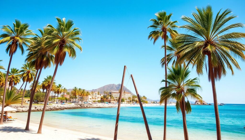 Ein Bild von einem Strand auf Teneriffa mit Palmen und klarer See