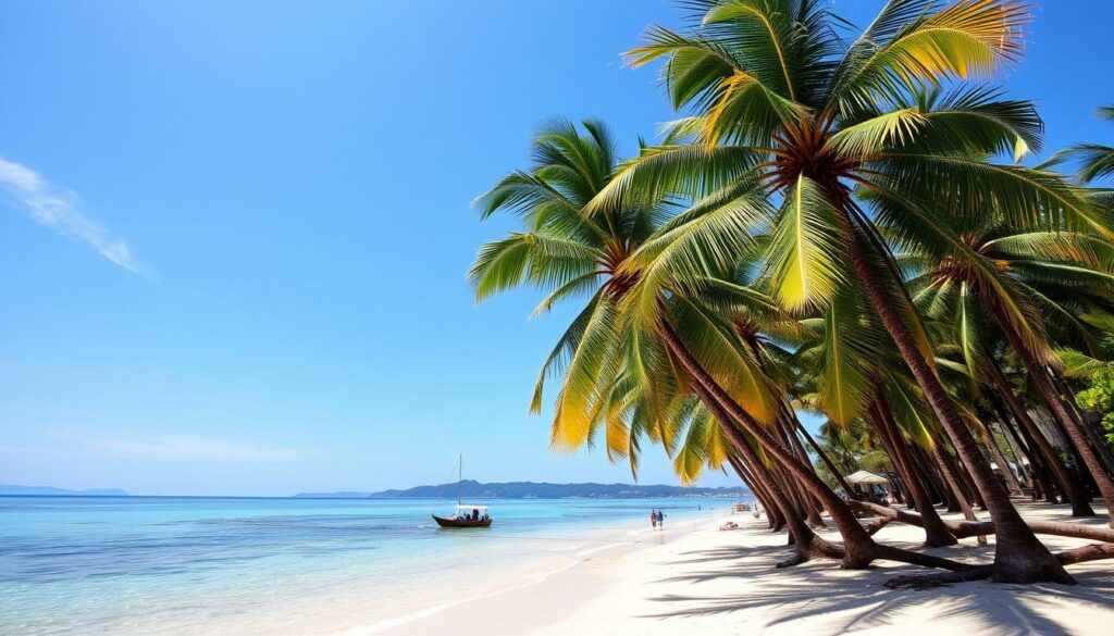Ein Bild von einem Strand in Vietnam mit Palmen und kristallklarem Wasser