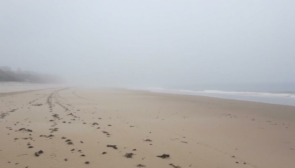 Ein Bild von einem leeren Strand an der Ostsee im November mit Nebel