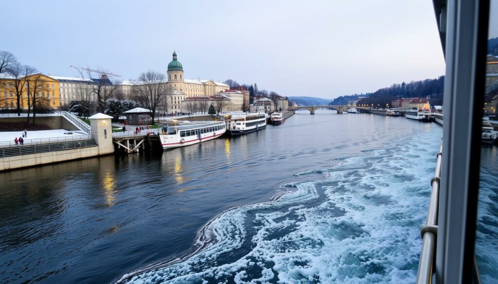 Ein Bild von einer Flusskreuzfahrt auf der Moldau im Winter