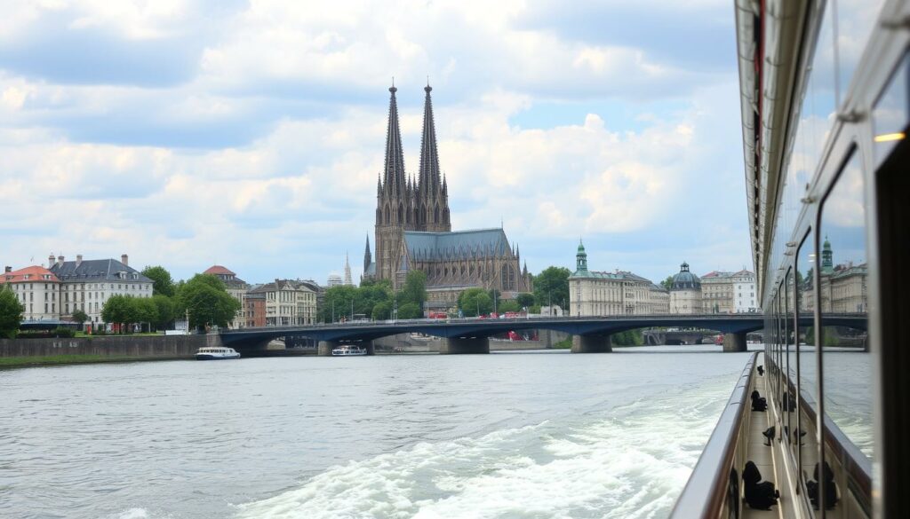 Ein Bild von einer Rheinschifffahrt in Köln, das den Dom und die Stadt vom Wasser aus zeigt.