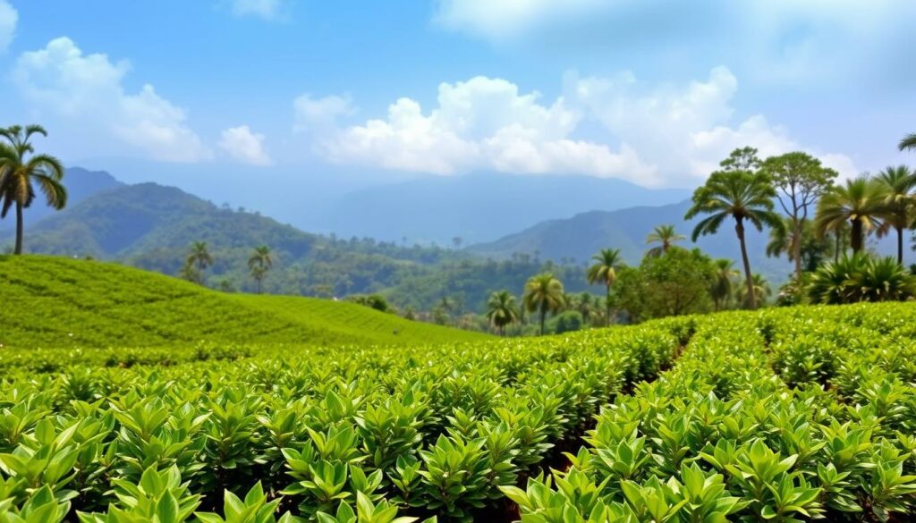 Ein Bild von einer Teeplantage in Sri Lanka mit grünen Teehecken und Berglandschaft