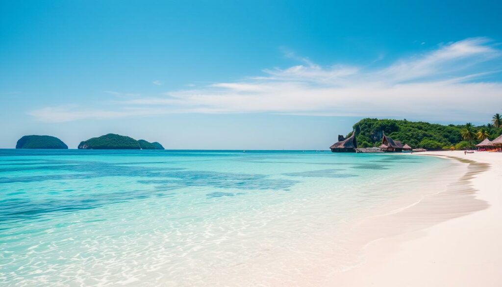 Ein Bild von einer thailändischen Insel mit weißem Sandstrand und klaren türkisfarbenen Wasser