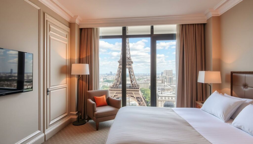 Ein Hotelzimmer mit Eiffelturm-Blick in Paris