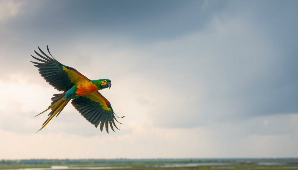 Ein Hyazinth-Ara im Flug über dem Pantanal
