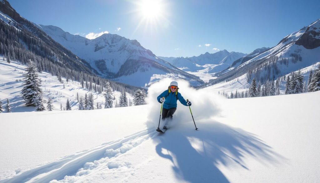 Ein Skifahrer in den Rocky Mountains mit Pulverschnee