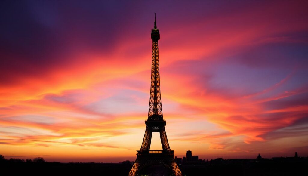 Ein Sonnenuntergang auf dem Eiffelturm bei Nacht